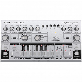 Behringer TD-3-SR басовый синтезатор, встроенный дисторшн, VCO, VCF, VCA, 16-шаговый секвенсор, 16 голосов. Серебристый